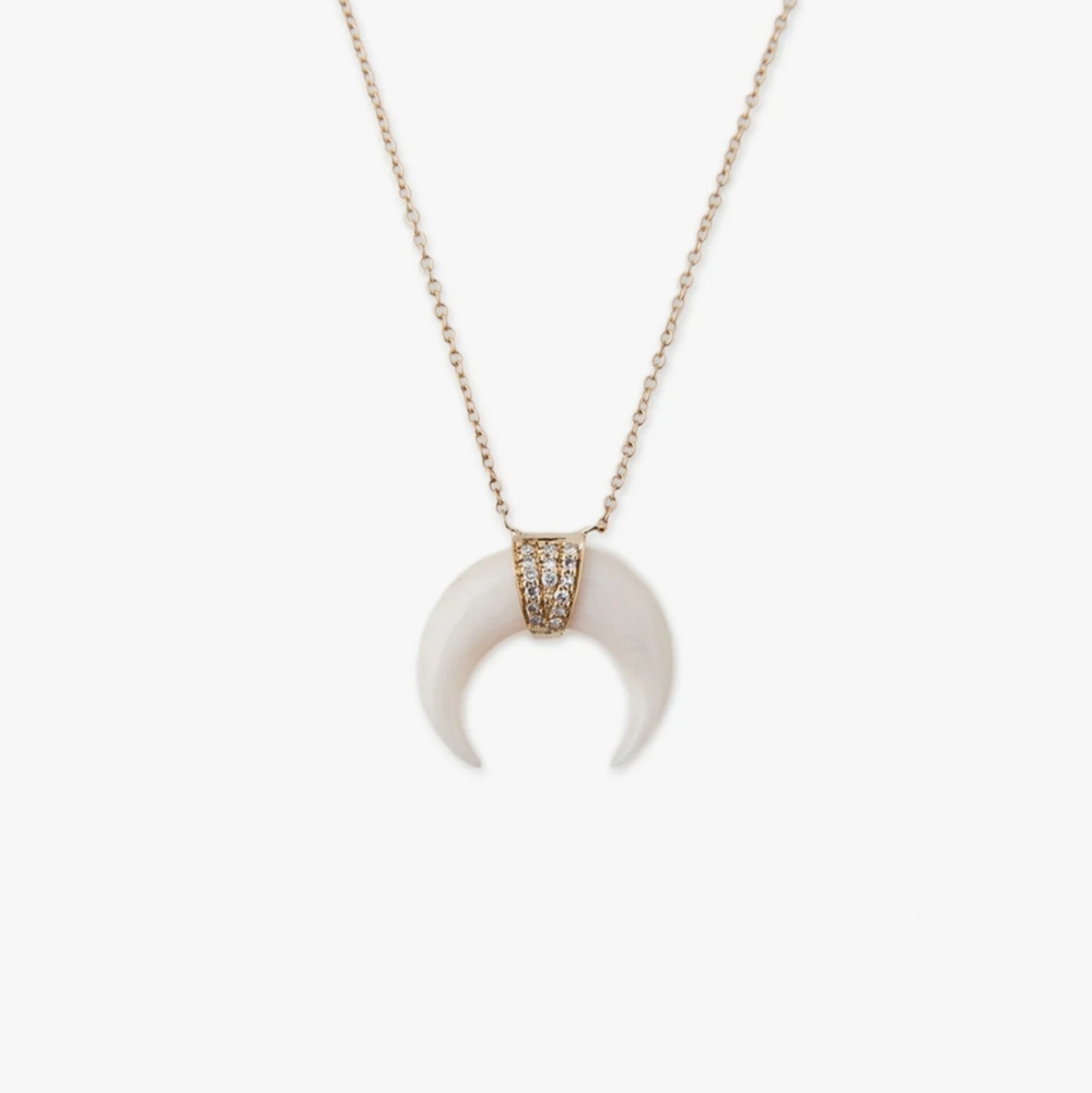 Mini Bone Double Horn 14k Gold and Diamond Necklace